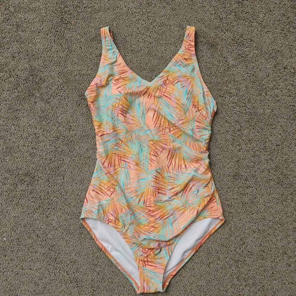 Speedo Womens One Piece Swimsuit 12 Peach Tropical Palm Leaf Ruched V-Neck NWOT
